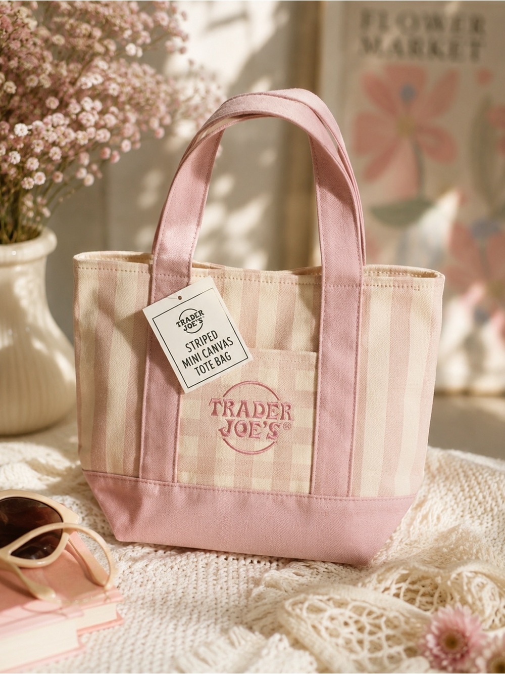 🌸 NWT Trader Joe's Pink Stripe Canvas Mini Tote